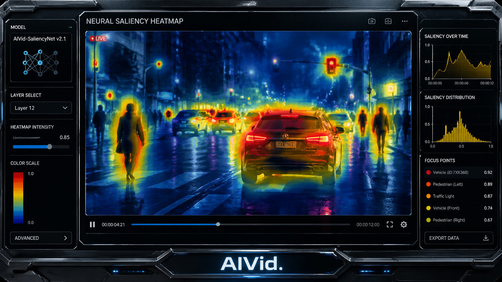 Close-up UI technical shot displaying neural saliency maps and ROI tracking used by auto shorts generators to lock onto human faces. Macro photography of a futuristic software interface displaying neural saliency heatmaps overlaid on video footage, focusing on sharp glass textures, glowing yellow and red focal points, and crisp metallic UI borders, AIVid. integrated label at the bottom.