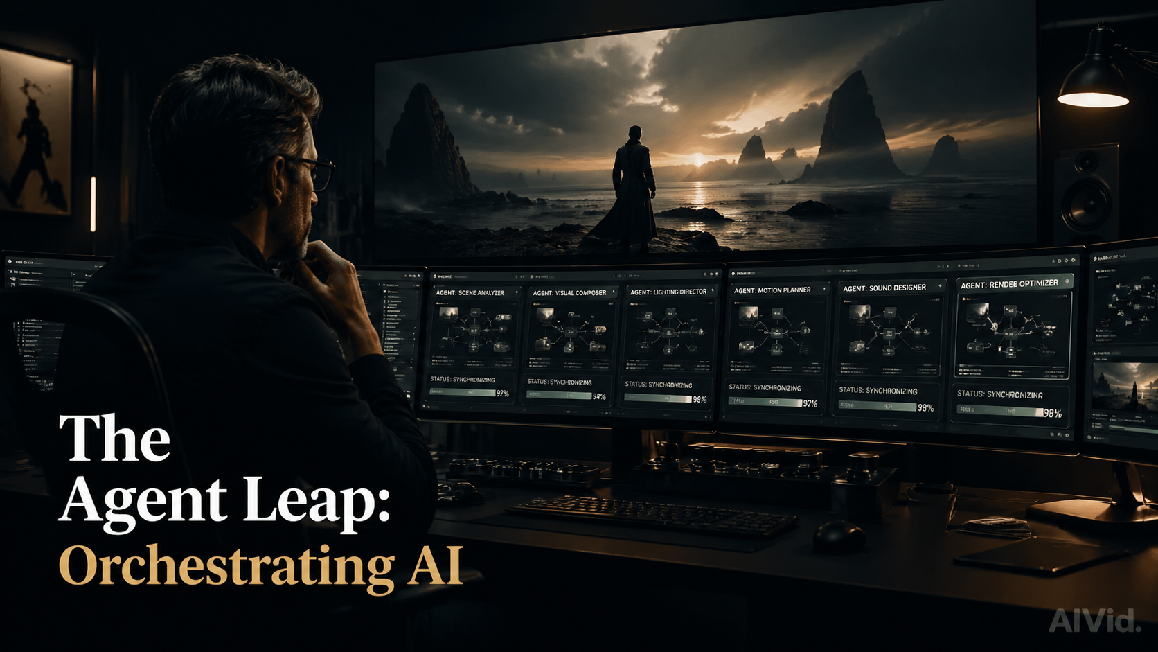 Alt Text: A creative director utilizing autonomous AI agents in a high-end studio to generate a 4K cinematic sequence. | Caption: The modern filmmaker acts as a high-level supervisor to multi-agent AI crews. | Long Description: An atmospheric editorial shot capturing the real-world application of AI video 2026 tools, with a focus on director-led automation and professional cinematography. | Rationale: Sets the editorial, human-in-the-loop tone for the deeply technical agentic workflow section. |