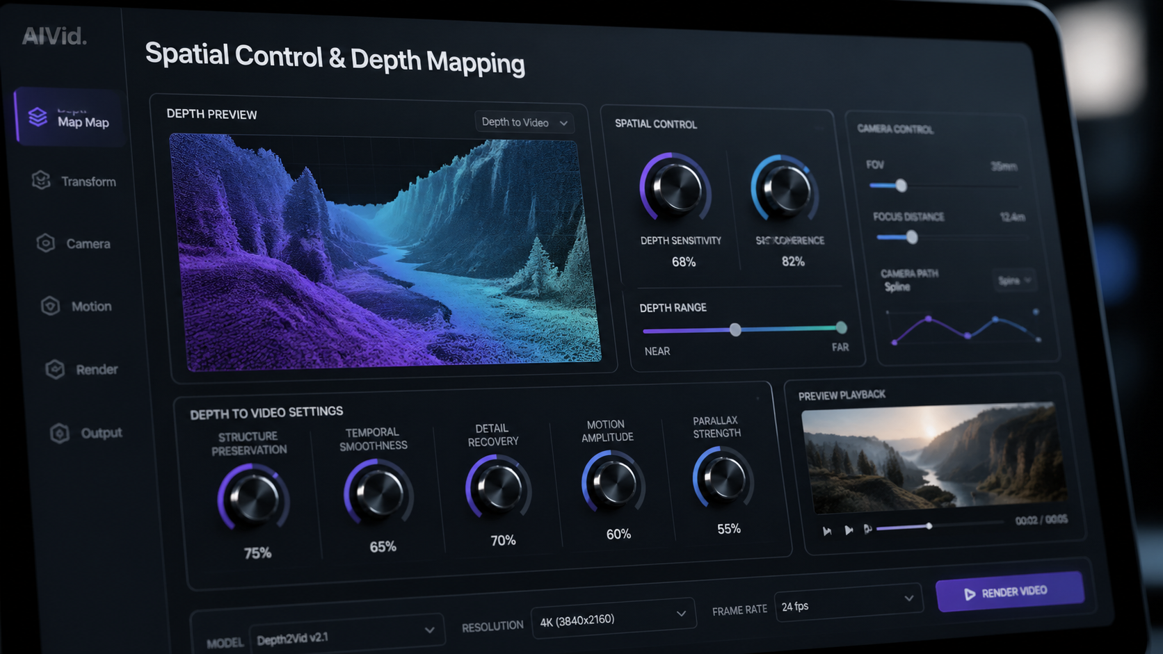 Alt Text: Macro shot of a professional AI video software interface showcasing spatial control maps and depth-to-video rendering parameters. | Caption: Depth-to-Video maps give human directors total spatial accuracy during generation. | Long Description: A close-up UX perspective of high-end autonomous AI agents interacting with 3D environment plates, proving that professional AI video 2026 tools are highly robust. | Rationale: Breaks up a massive 400+ word block by showing exactly what these spa