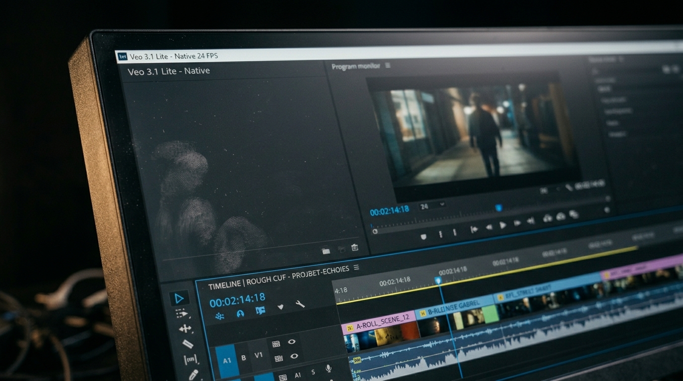 A macro UI shot of the Google Veo 3.1 Lite software interface emphasizing the native 24 FPS playback capabilities.