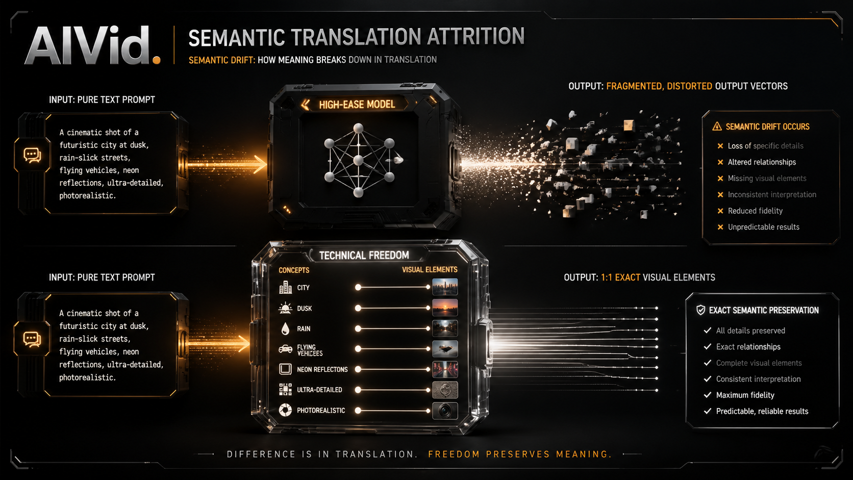 Workflow diagram mapping the semantic drift in high-ease AI image generators versus the precision of open-weight parameter tuning. A high-fidelity conceptual diagram showing "Semantic Drift." A pure text prompt enters a black box labeled "High-Ease Model," resulting in fragmented, distorted output vectors. Below it, the same prompt enters a transparent "Technical Freedom" node, mapping perfectly to 1:1 exact visual elements. Dark metallic finish, amber and white lighting.