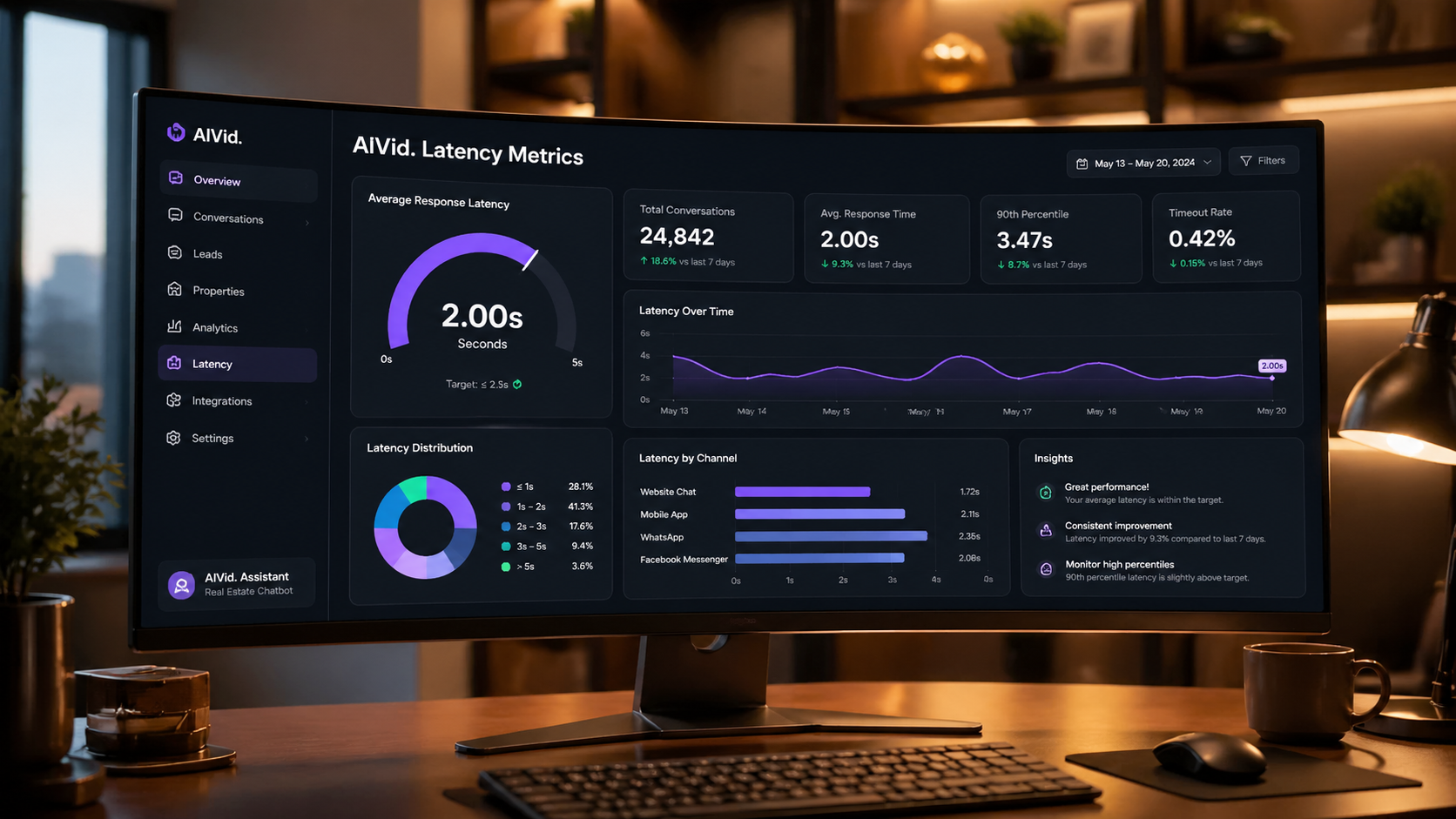 Analytics dashboard displaying performance metrics for real estate chatbots and lead capture. High-end editorial photo of a curved ultrawide monitor displaying an analytics dashboard for a real estate chatbot, emphasizing a 2-second response latency gauge. Warm ambient workspace lighting, cinematic depth of field. Integrated typography label: AIVid. Latency Metrics.