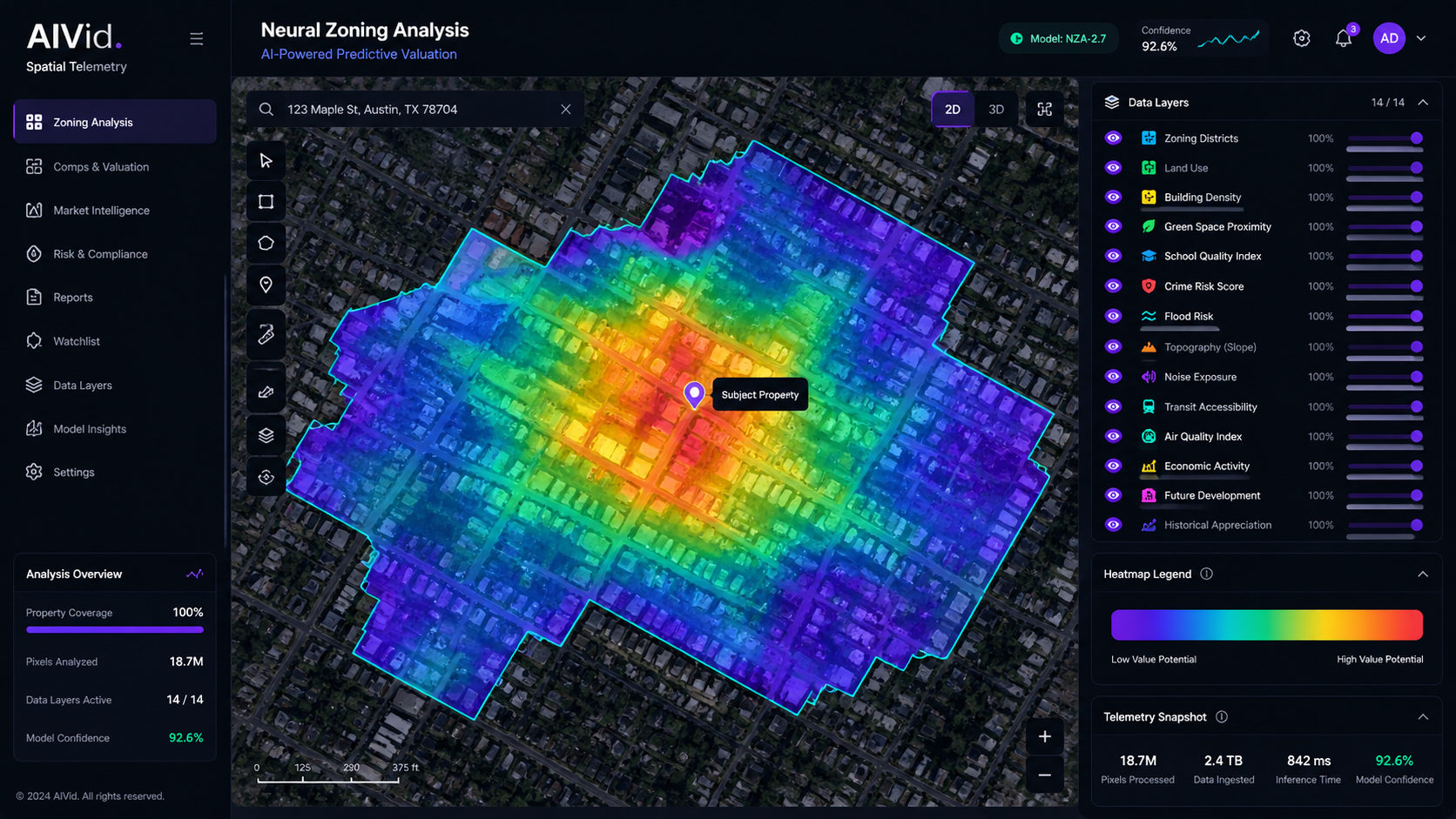 A neural zoning analysis map demonstrating predictive price valuations using multi-modal spatial inputs and satellite imagery. AIVid. brand watermark. Detailed dark-mode interface of a Neural Zoning Analysis tool, overlaying neon heatmaps over pixel-level satellite imagery of a neighborhood, high-tech GIS interface.