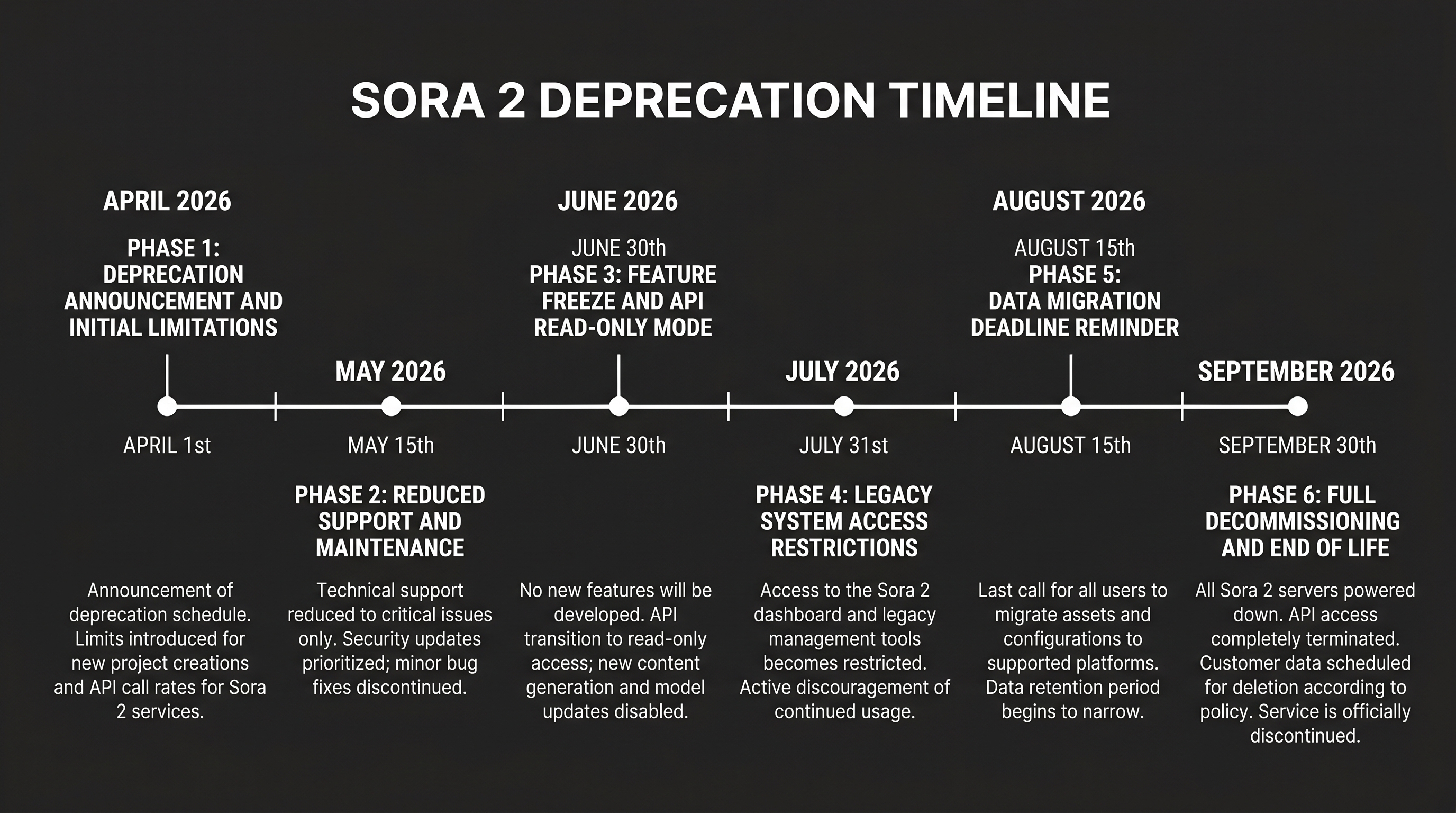 Minimalist timeline chart showing the Sora 2 app closure in April 2026 and API discontinuation in September 2026.