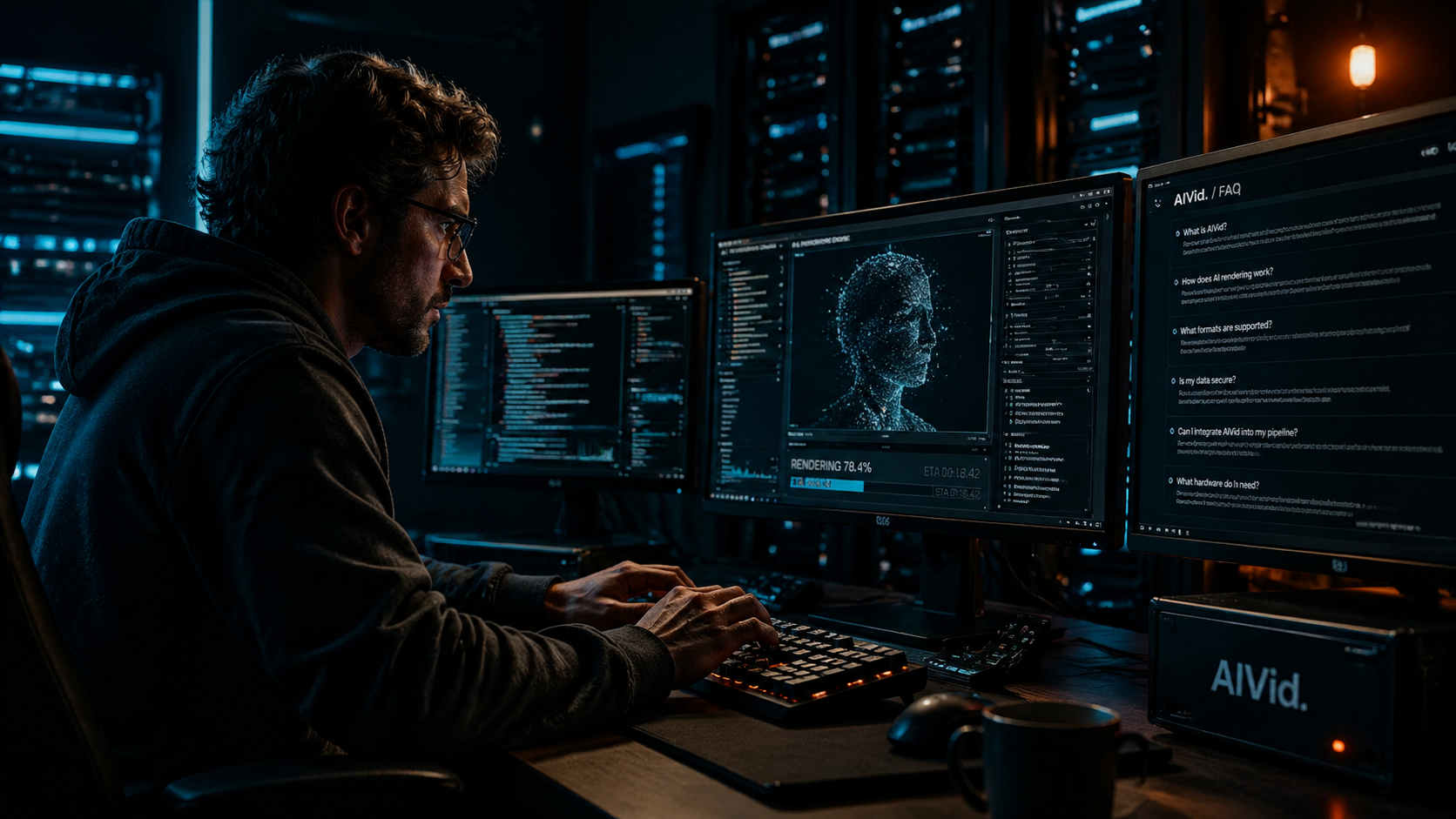 Technical editor reviewing graphic design AI integration questions and hardware specs in a professional dark editing studio. [Editorial / Documentary] A cinematic wide shot of a tech editor in a dimly lit, high-end server room or editing bay, typing intensely on a mechanical keyboard. The glowing monitors reveal complex AI rendering data and technical FAQs. High contrast chiaroscuro lighting, cinematic teal and orange color grading. Faint 'AIVid.' branding on a piece of hardware.