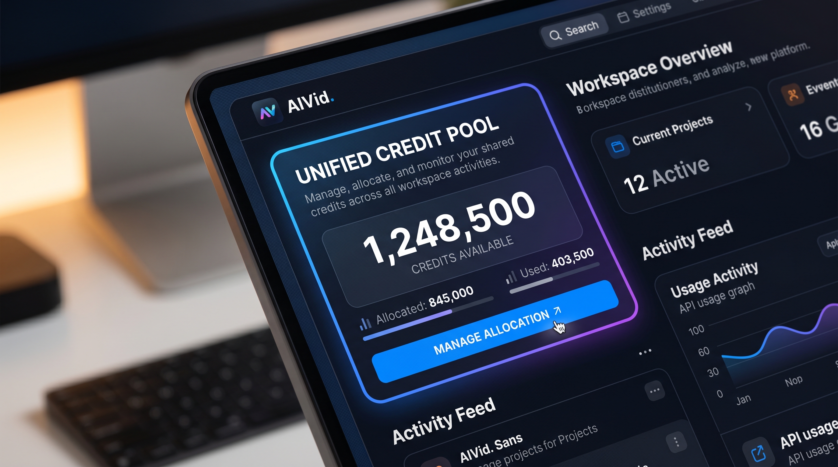 Macro shot of the AIVid. platform dashboard highlighting the unified credit pool feature for AI model generation.