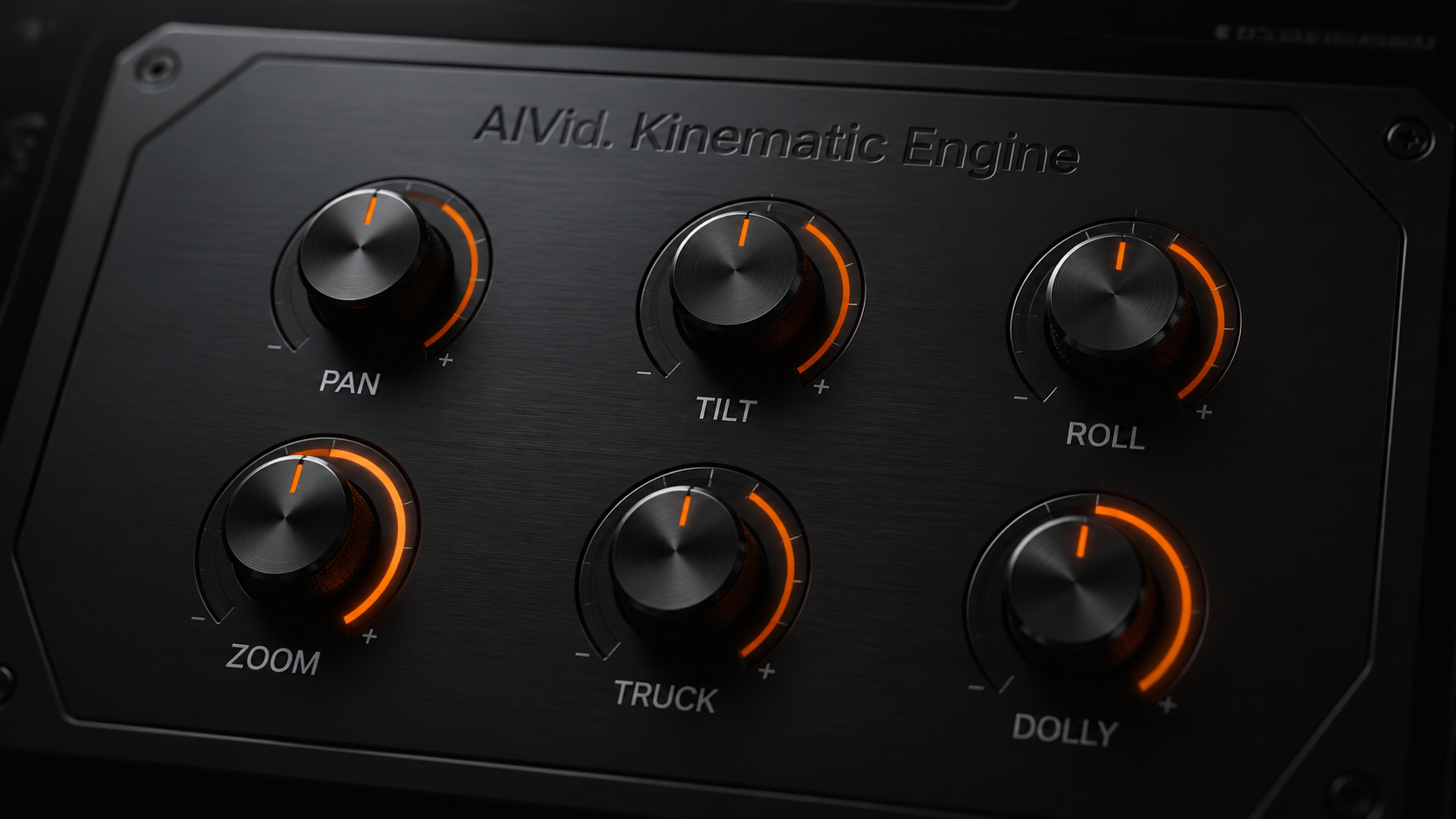 Software interface showing 6-axis camera kinematics for professional image to video ai cinematography and motion control. [UI/UX Technical Shot] Extreme close-up of a dark-mode software interface focusing on 6-axis camera kinematics. Dials for Pan, Tilt, Roll, Zoom, Truck, and Dolly. Brushed metal textures, glowing orange active states. 'AIVid. Kinematic Engine' etched into the digital panel.