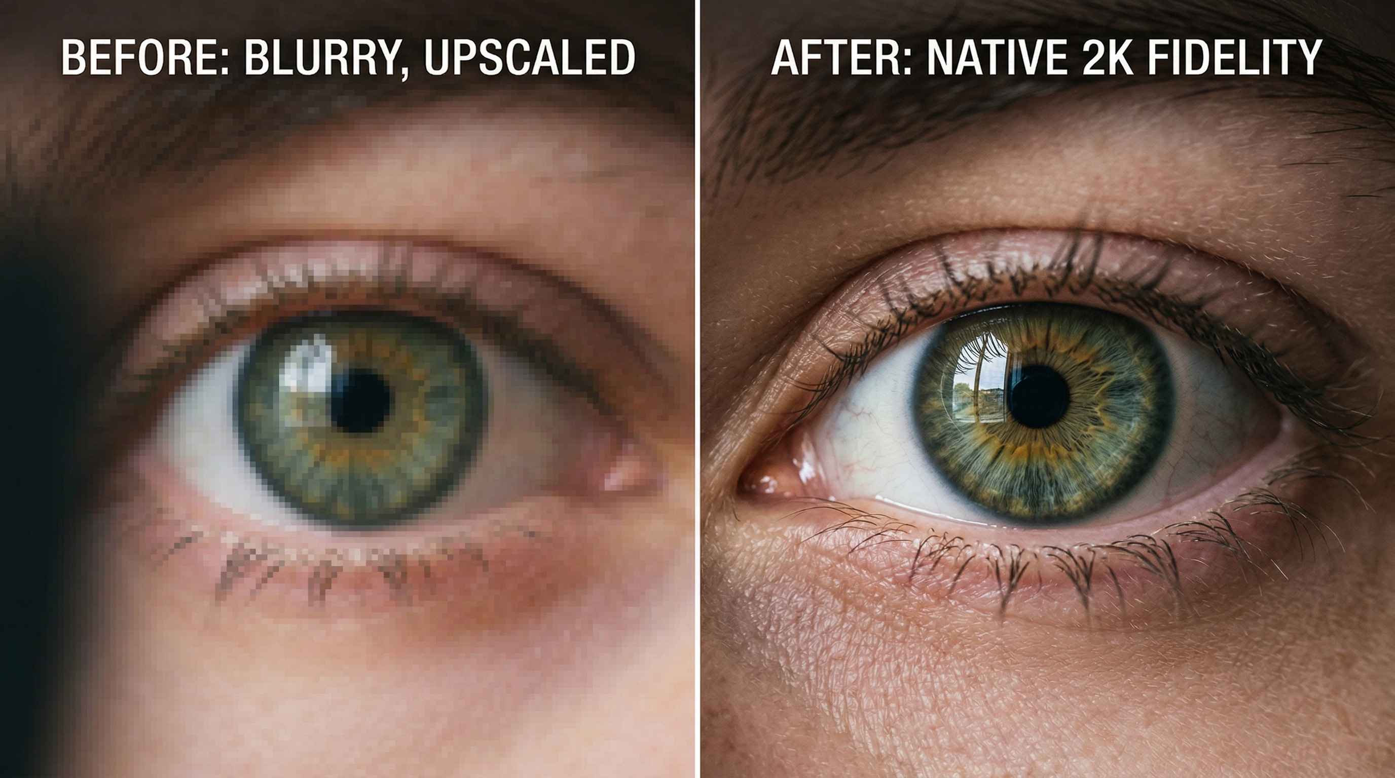 Split screen comparison showing blurry upscaled pixels versus razor sharp native 2K resolution.