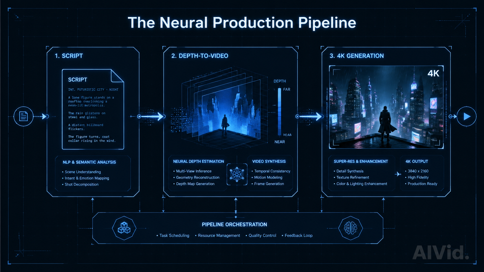 Alt Text: Technical workflow diagram detailing the neural production pipeline that is dominating AI trends 2026 for major studios. | Caption: Autonomous AI pipelines slash traditional pre-production budgets by 35 percent. | Long Description: An architectural logic map outlining the use of Depth-to-Video control models and multi-modal language integration for full-scale video creation. | Rationale: Visually breaks down a complex multi-step generative workflow into an easily digestible engineering