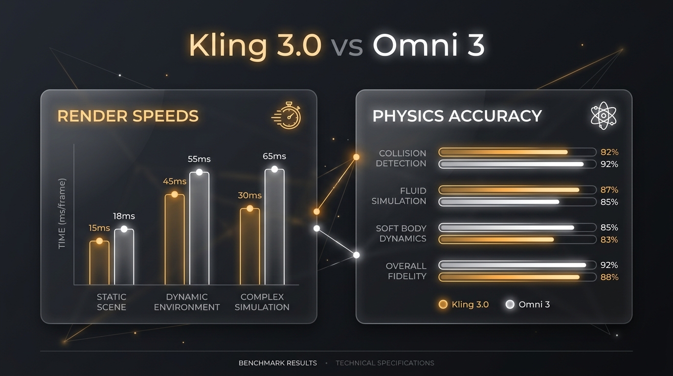 Data chart comparing Kling 3.0 and Kling Omni 3 render speeds, prompt fidelity, and physics accuracy.