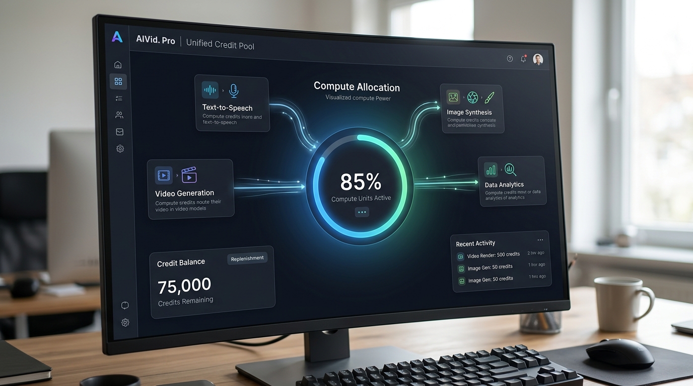 The AIVid Pro dashboard showcasing the Unified Credit Pool routing compute power to multiple AI models.
