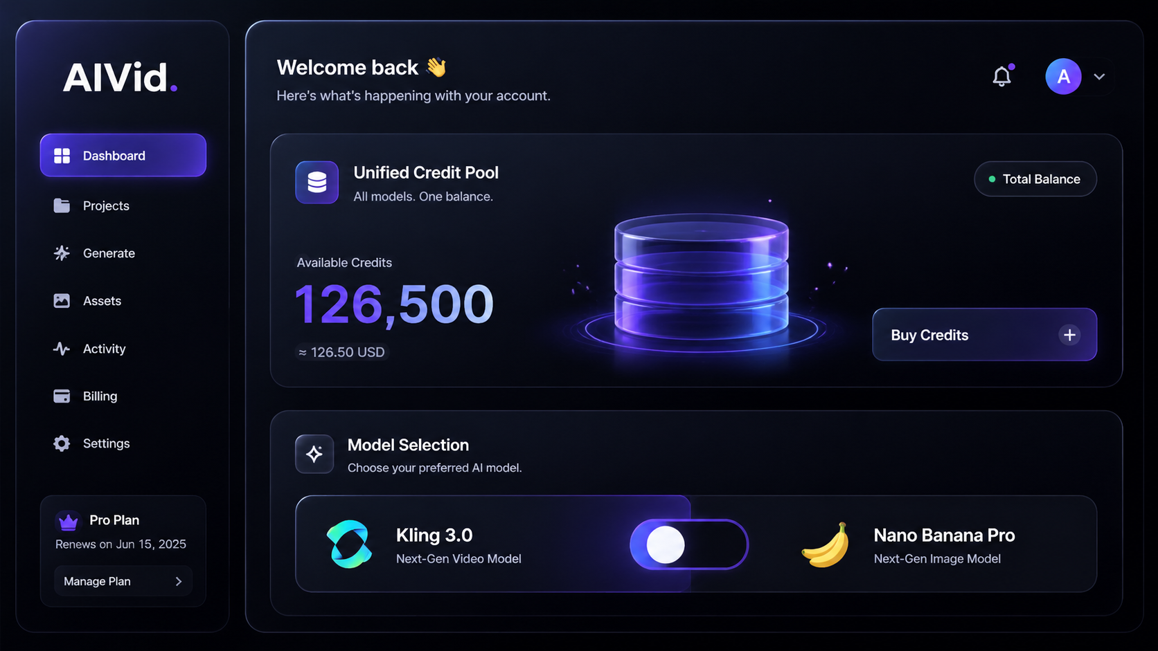 High-end UI dashboard showing the AIVid unified credit ledger for scaling AI video and image models. [UI/UX Technical Shot] Close-up of a high-end, centralized SaaS dashboard. Displays unified credit pools and toggle switches between 'Kling 3.0' and 'Nano Banana Pro'. Premium glassmorphism, dark theme. AIVid. main logo prominently displayed.
