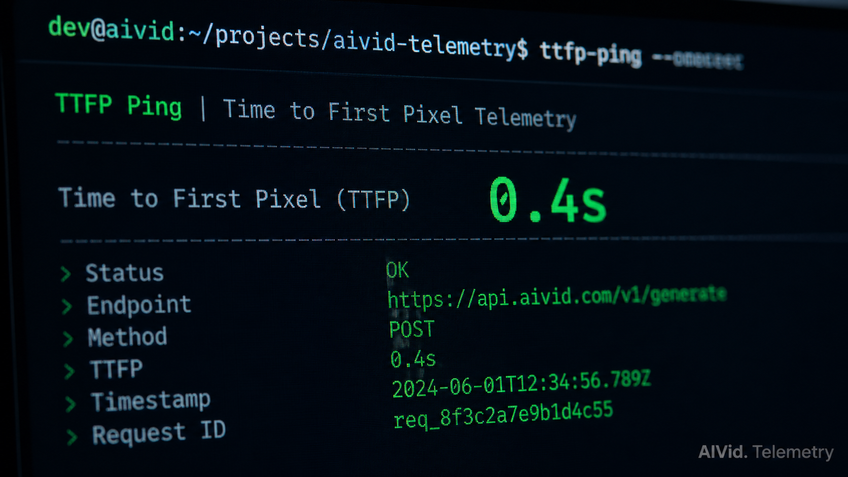 A close-up of a developer terminal showing Time to First Pixel metrics for Fal.ai and Replicate workflows. Macro shot of a developer's high-resolution OLED monitor displaying a terminal with Time to First Pixel (TTFP) ping metrics, focusing on the 0.4s response time in crisp green text. Shallow depth of field, screen pixels visible, dark cinematic workspace lighting. "AIVid. Telemetry" watermark. 16:9.