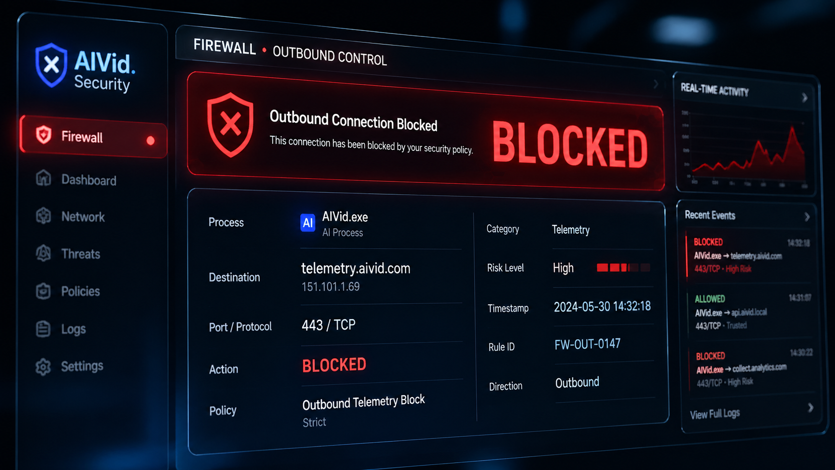 A close-up of a firewall interface blocking outbound telemetry to ensure secure local ai image generation. Extreme close-up of a high-end firewall software interface actively blocking outbound network telemetry from an AI process. Focus on red 'BLOCKED' status text and glass UI textures, glowing screen emitting light in a dark room. "AIVid. Security" integrated text. 16:9.