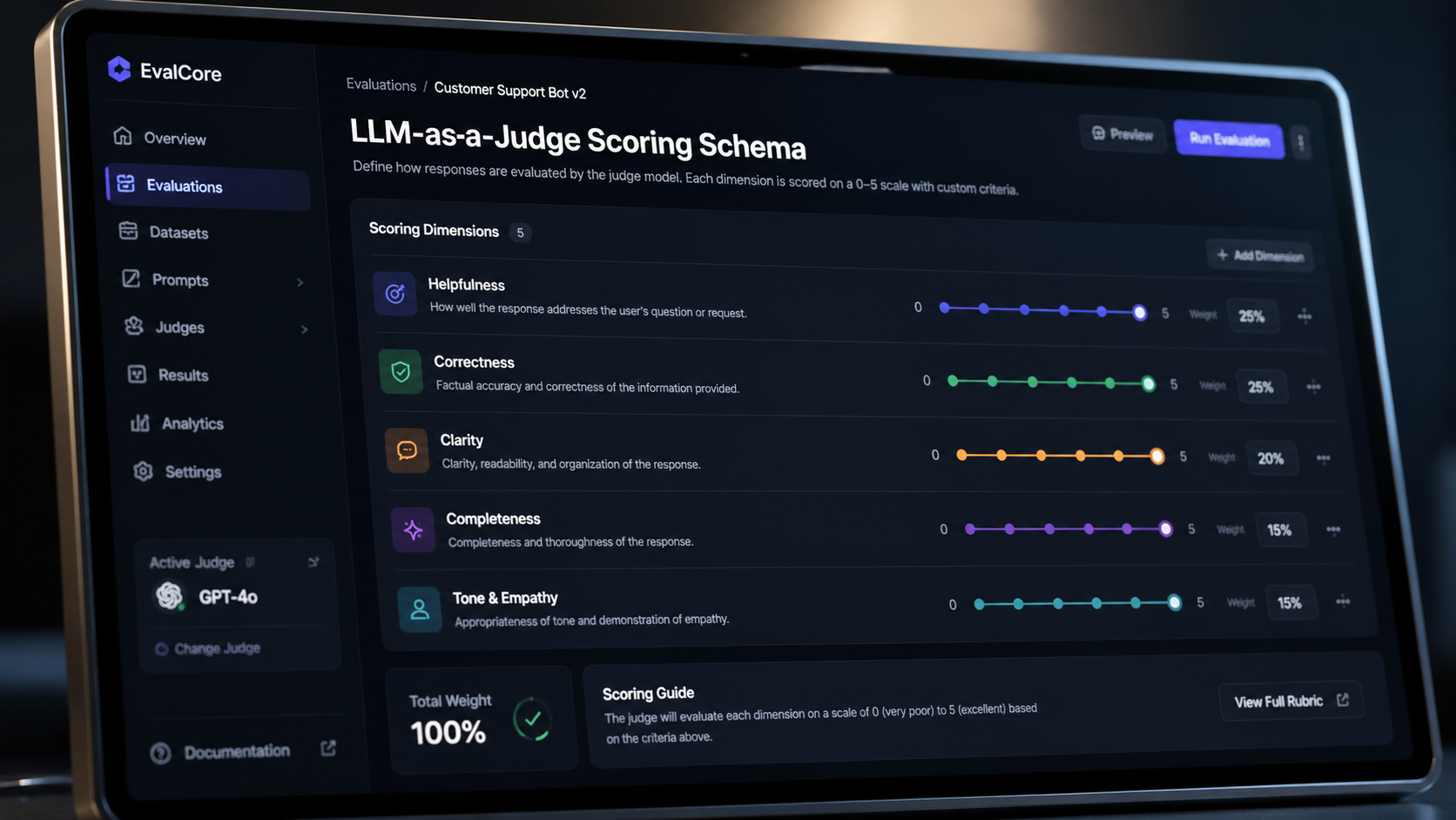 UI technical shot displaying an LLM-as-a-Judge scoring schema ensuring brand voice consistency for an AI content creation pipeline. Macro photography of a high-end software interface dashboard showing an LLM-as-a-Judge scoring schema, soft depth of field, crisp typography, clean metallic bezel, cinematic studio lighting.