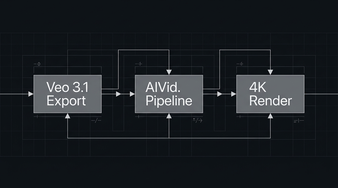 Workflow diagram illustrating the 3-step pipeline for upscaling Google Veo 3.1 Lite 1080p video to 4K using AIVid.