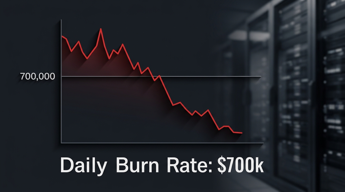 Minimalist dark-mode graph showing a $700,000 daily burn rate against a blurred server background.