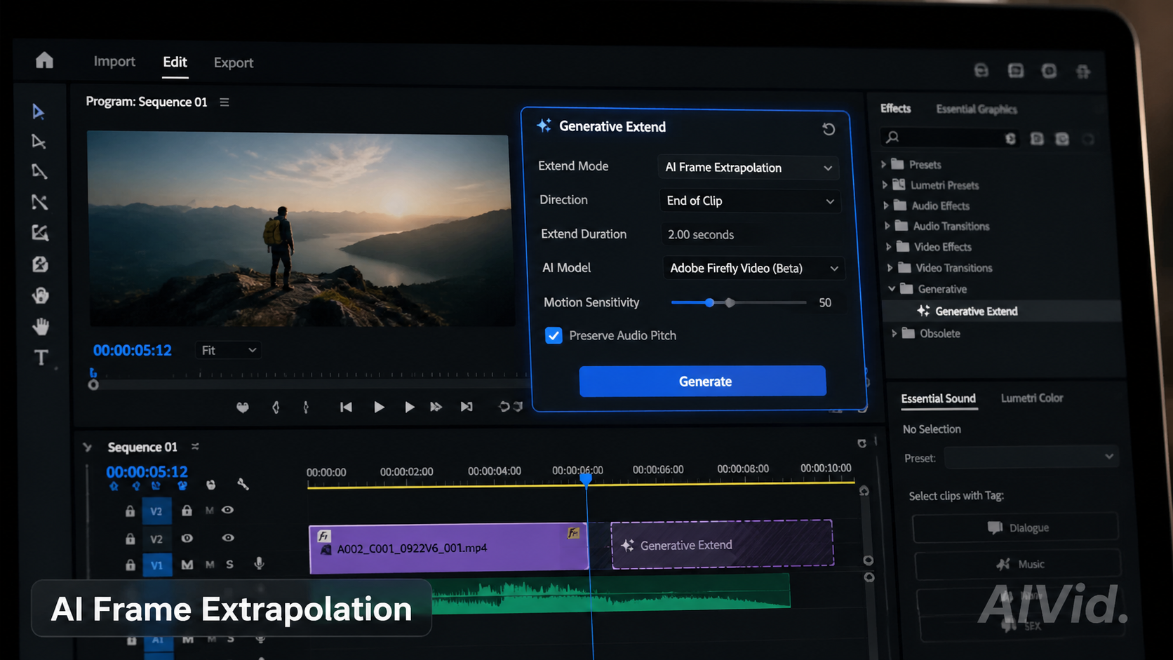 Close up of a generative extend dropdown menu inside a professional premiere pro ai interface. Macro 16:9 shot of a sophisticated video editing software interface. Focus on a highlighted drop-down menu titled 'Generative Extend' with frame extrapolation settings. Sleek dark mode UI with crisp text, visible screen bezel, and natural depth of field. Subtle, transparent 'AIVid.' watermark. Typography label: "AI Frame Extrapolation".