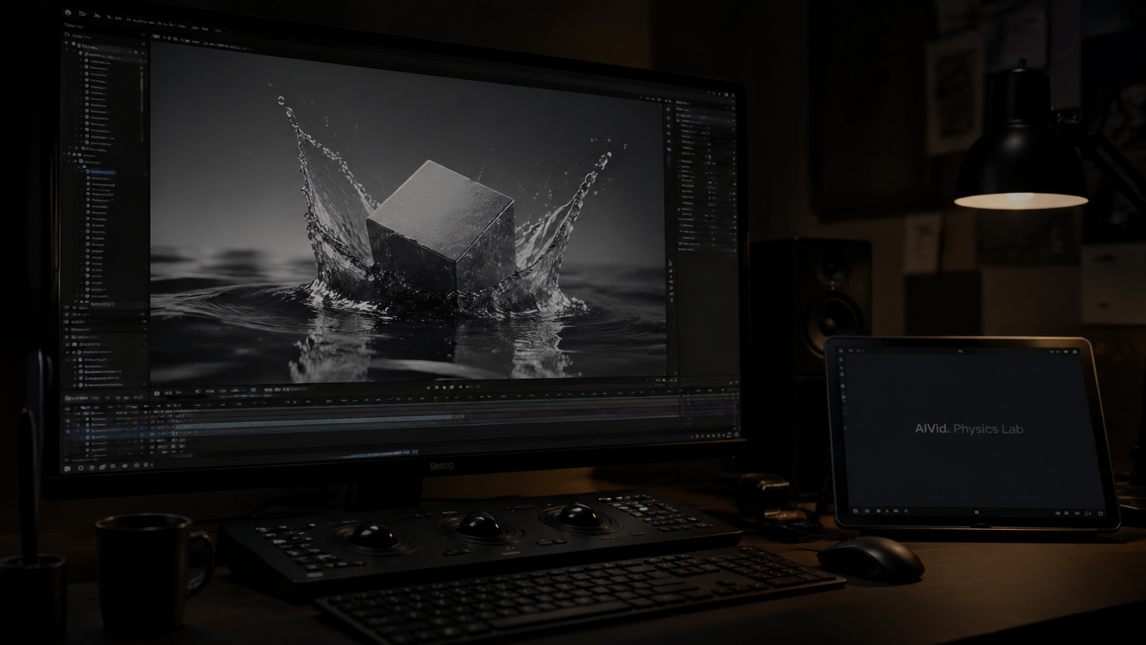 Post-production studio monitor displaying an AI-generated fluid dynamics transition testing expert routing in an i2v ai generator. [Editorial / Documentary] A moody, chiaroscuro photograph of a post-production studio desk. On the main monitor, a fluid dynamics test shows a solid geometric cube splashing into a hyper-realistic liquid state. 'AIVid. Physics Lab' text subtly visible on a secondary tablet screen.