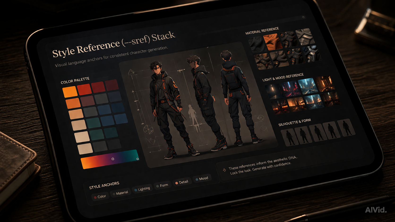 Alt Text: A glowing mood board interface explaining what is sref and how to combine it with character reference for midjourney character creation. Caption: Stacking --sref with --cref ensures absolute aesthetic and identity compliance. Long Description: A macro UI photograph of an aesthetic style board on a high-end tablet, glowing in a dark room. It visualizes the technical process of isolating an artistic medium, like a 3D render, and stacking it with character reference. Sharp textures on the