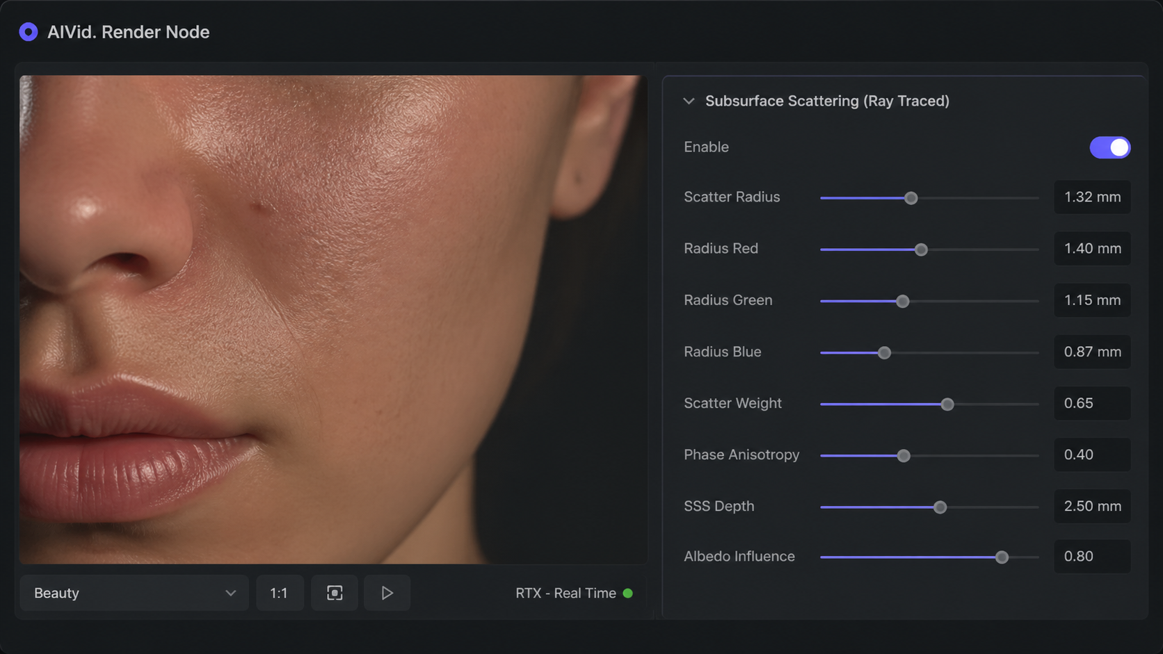 Macro UI view of sliders controlling ray-traced subsurface scattering for hyper-realistic AI characters and precise photorealism. [UI/UX Technical Shot] Close-up of a dark-mode material inspector tool showing ray-traced subsurface scattering sliders. Photorealistic skin texture rendering in the preview window. Typography: 'AIVid. Render Node'.