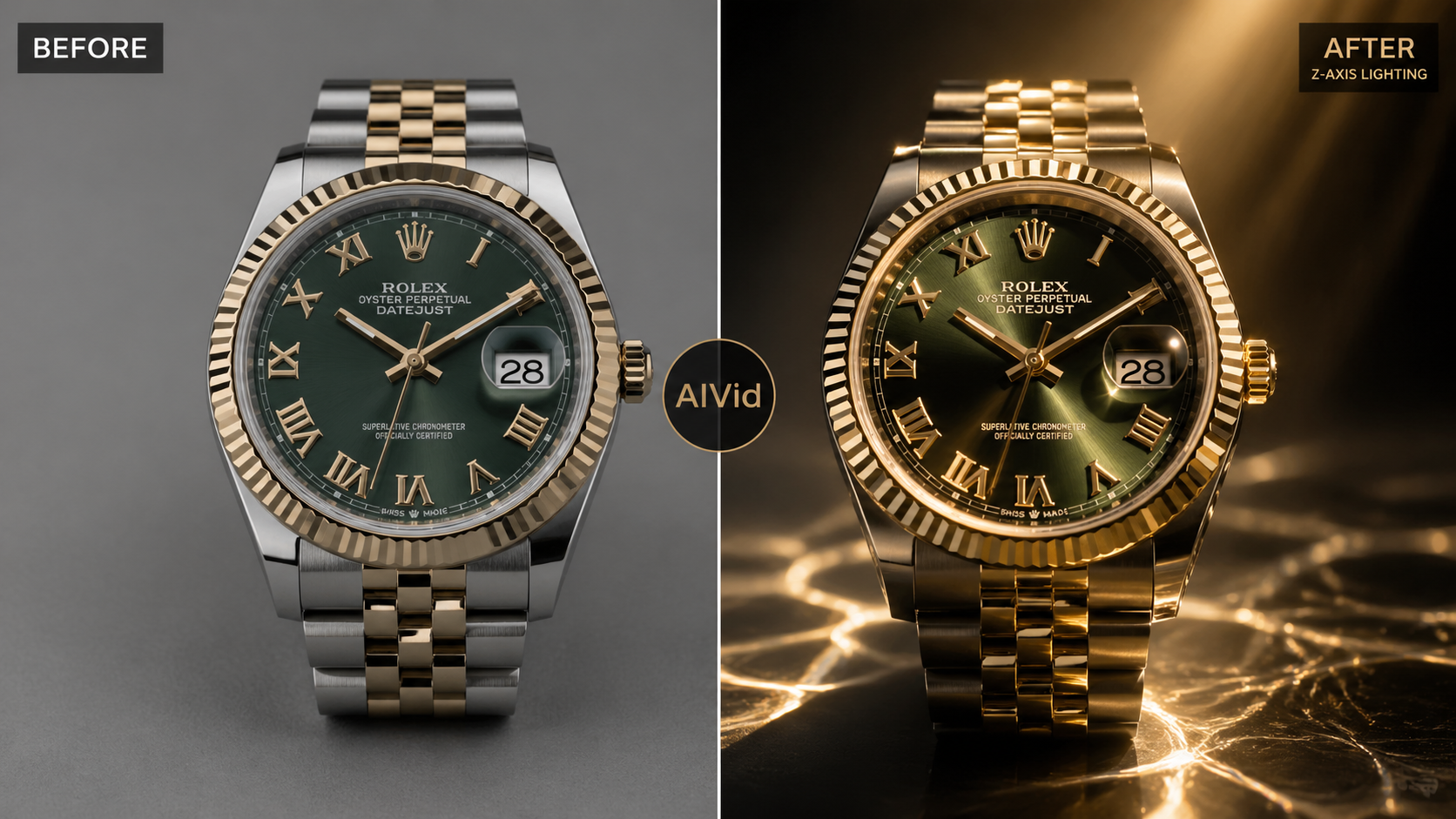 Before and after comparison of standard product lighting versus AI-generated Z-axis volumetric depth for optimized professional-grade visuals. [Before/After Split] 1:1 split image of a luxury watch. The left side shows flat, standard ambient lighting, while the right side demonstrates "Z-axis Lighting" with dramatic, volumetric depth and commercial-grade caustics. Typography Label: AIVid.
