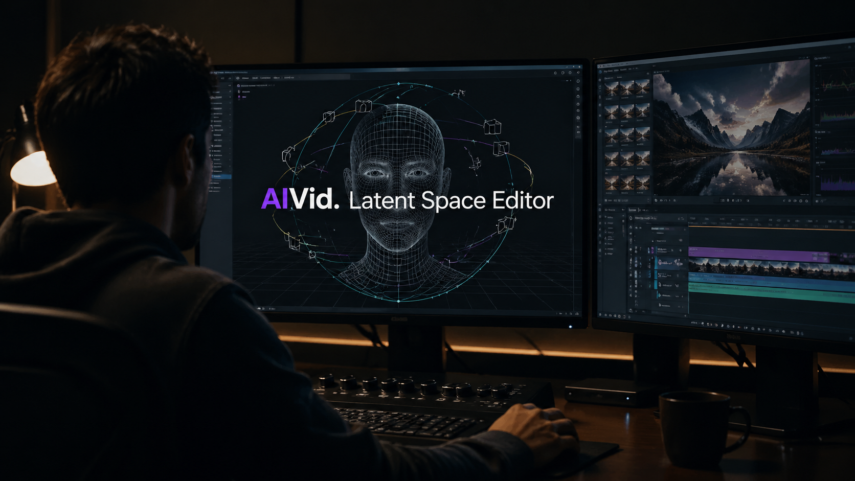 Professional filmmaker applying spatio-temporal tracking to a 3D orbit timeline to prevent AI video generation artifacts. [Editorial / Documentary] Moody, chiaroscuro lighting over a video editor's shoulder looking at a dual-monitor setup. The screen displays a complex 360-degree virtual camera orbit path on a wireframe face. Typography: 'AIVid. Latent Space Editor'.