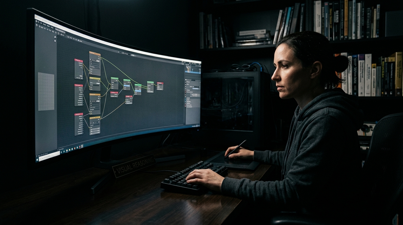 Professional digital creator working on complex rendering nodes in a dark cinematic workspace.