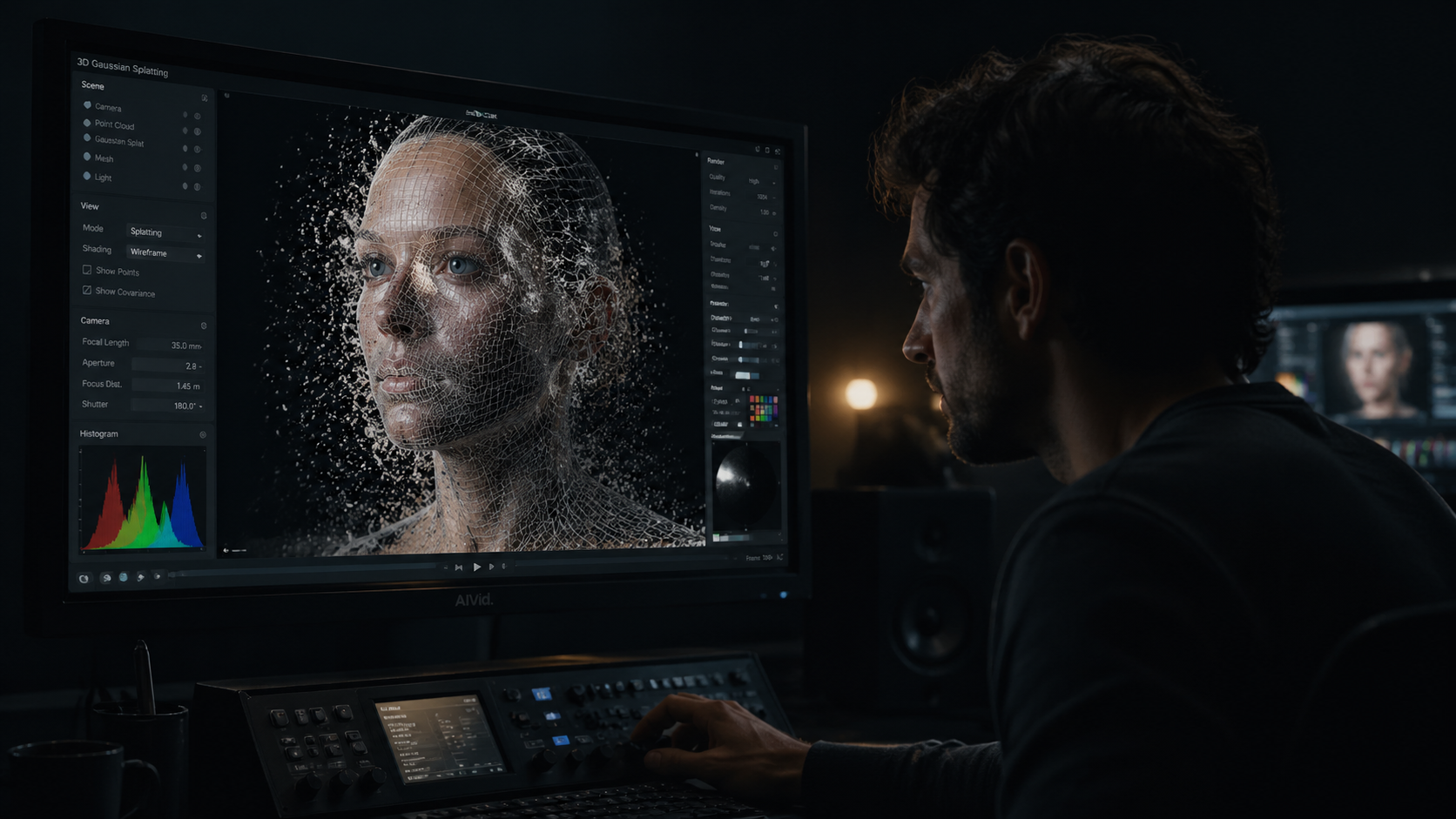 VFX editor reviewing 3D Gaussian Splatting models of synthetic performers under new SAG-AFTRA AI labor rules. [Editorial / Documentary] Moody, chiaroscuro portrait of a post-production VFX artist working in a darkened studio. The artist is examining a 3D Gaussian Splatting wireframe of a digital human face on a high-resolution grading monitor. AIVid. logo subtly embossed on the monitor bezel. cinematic lighting, 16:9.