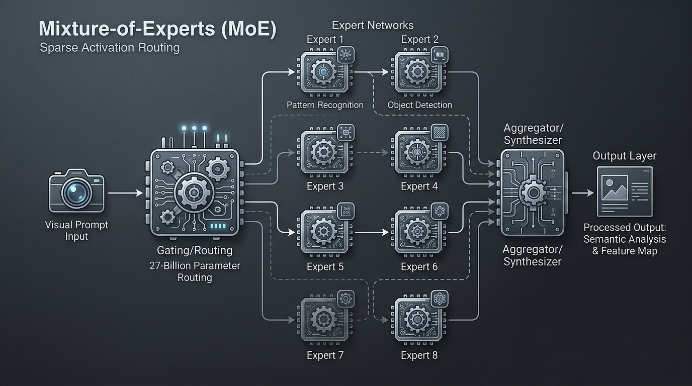 Technical workflow diagram illustrating the 27-Billion Parameter Mixture-of-Experts architecture in Wan 2.7.
