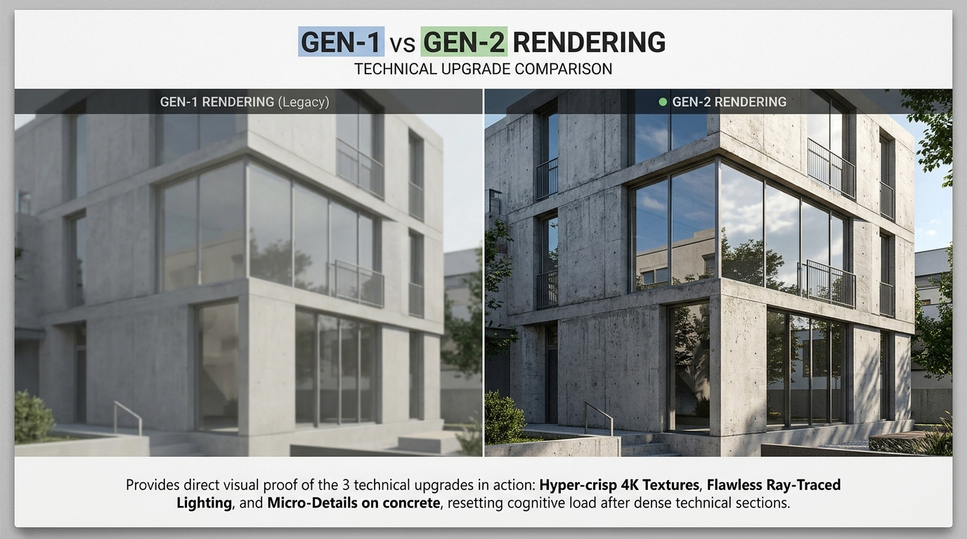 Side-by-side technical comparison showing flat legacy rendering versus 4K hyper-detailed AI rendering.