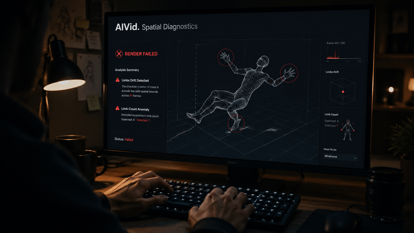 Agency creator analyzing catastrophic AI video failure points and limbo drift during a high-end spatio-temporal AI render test. [Editorial / Documentary] Cinematic, low-light workspace photo showing a creator's hands on a mechanical keyboard. The monitor displays a failed render analyzing limbo drift and limb-count issues in wireframe mode. Typography: 'AIVid. Spatial Diagnostics'.