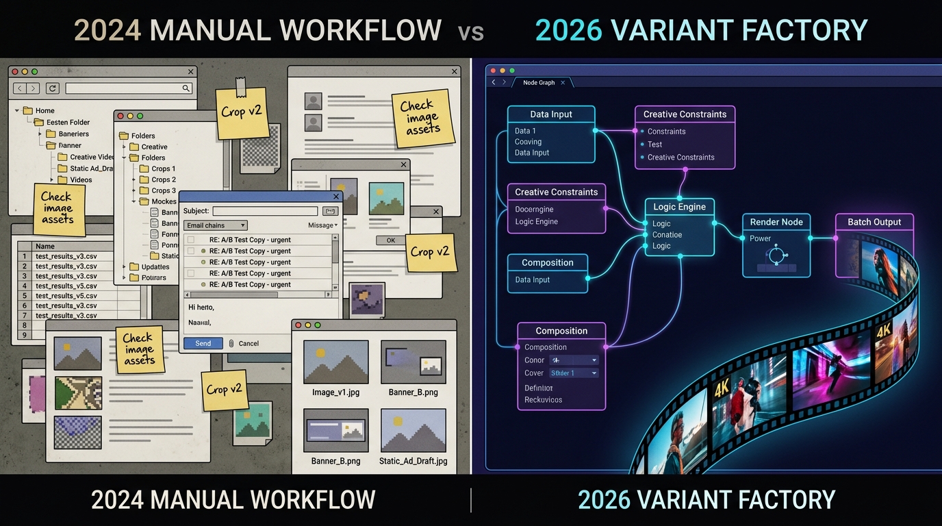 Comparison between 2024 manual creative testing and the 2026 automated AI variant factory pipeline.