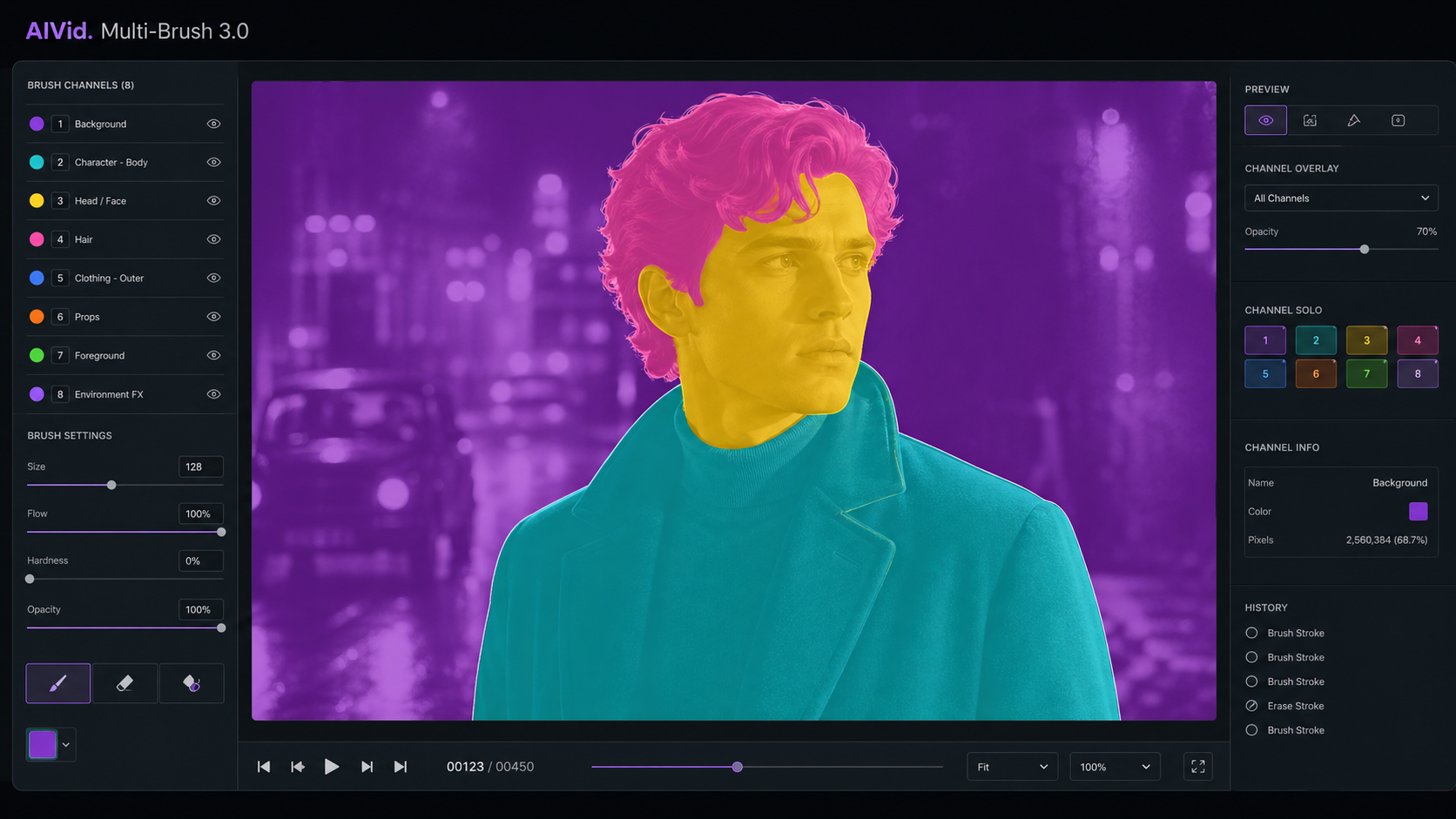 Professional AI video editing workspace displaying 8-channel motion segmentation using Multi-Brush 3.0 to isolate foreground subjects. [UI/UX Technical Shot] A high-end workspace screen showing an 8-channel motion brush segmentation map over a cinematic portrait. Distinct neon color masks for the background, character torso, and head. 'AIVid. Multi-Brush 3.0' text label in the UI corner.