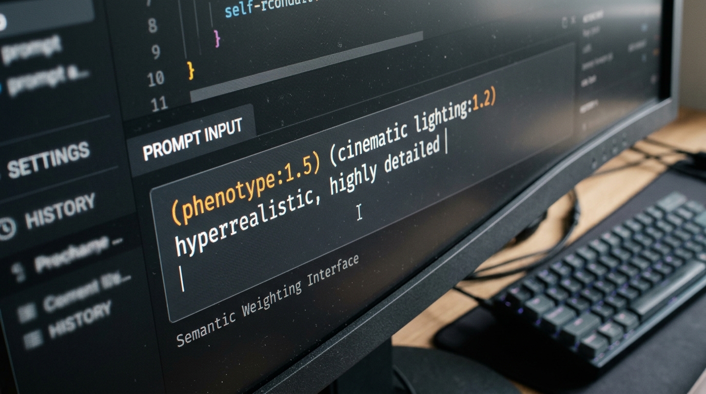 Macro shot of a monitor displaying a text input field with mathematical prompt weighting like (phenotype:1.5).