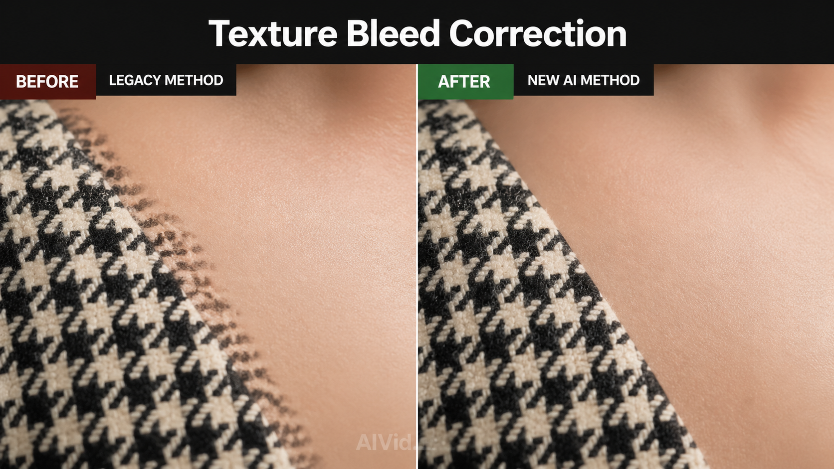 Alt Text: A before and after split showing texture bleed on a virtual model's face compared to a clean midjourney same character generation. Caption: Managing high-frequency patterns prevents texture bleed into your character's skin. Long Description: A side-by-side macro shot comparing two AI-generated fashion textures. The left side demonstrates a somatic error where a houndstooth coat pattern bleeds onto a model's neck. The right side shows a flawlessly isolated face and wardrobe using the co