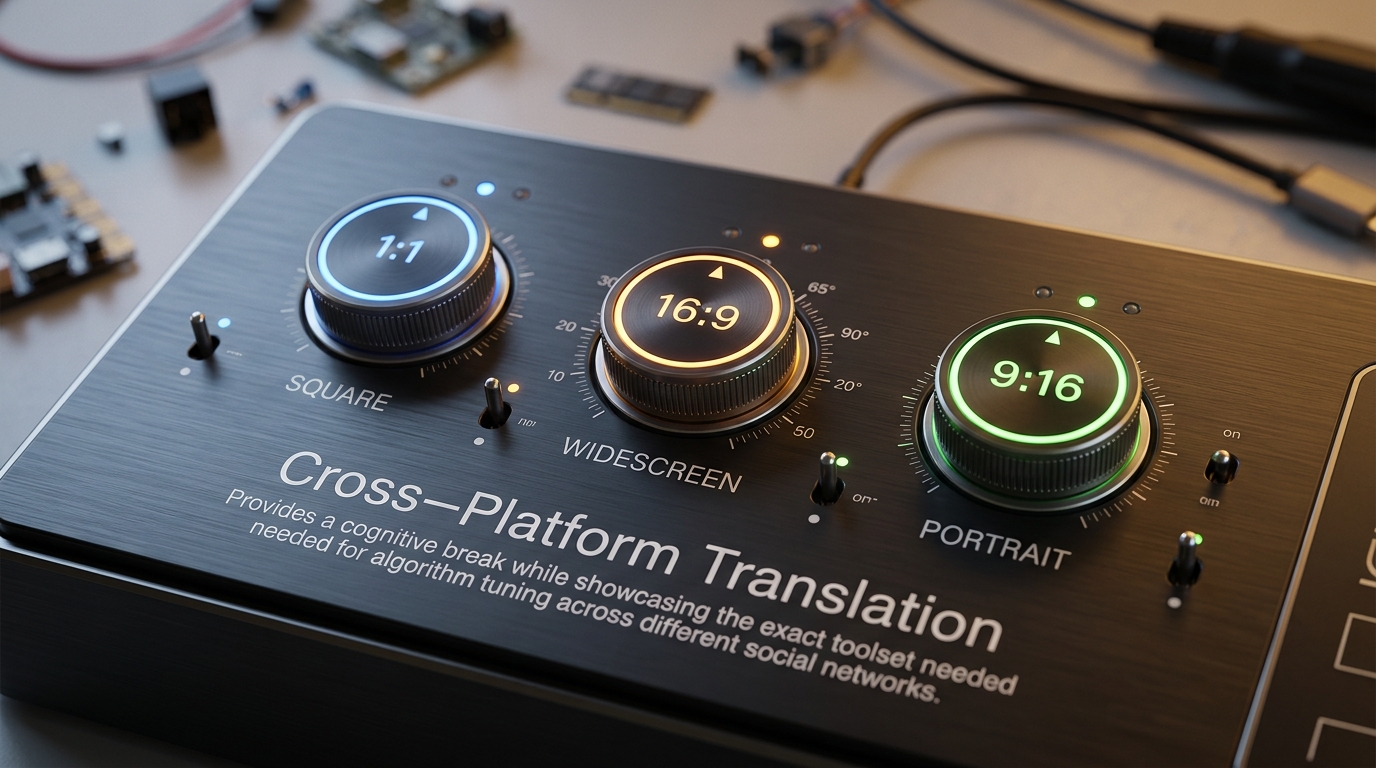 Macro view of a modern UI panel featuring precision controls for adapting aspect ratios across TikTok, IG, and YouTube.