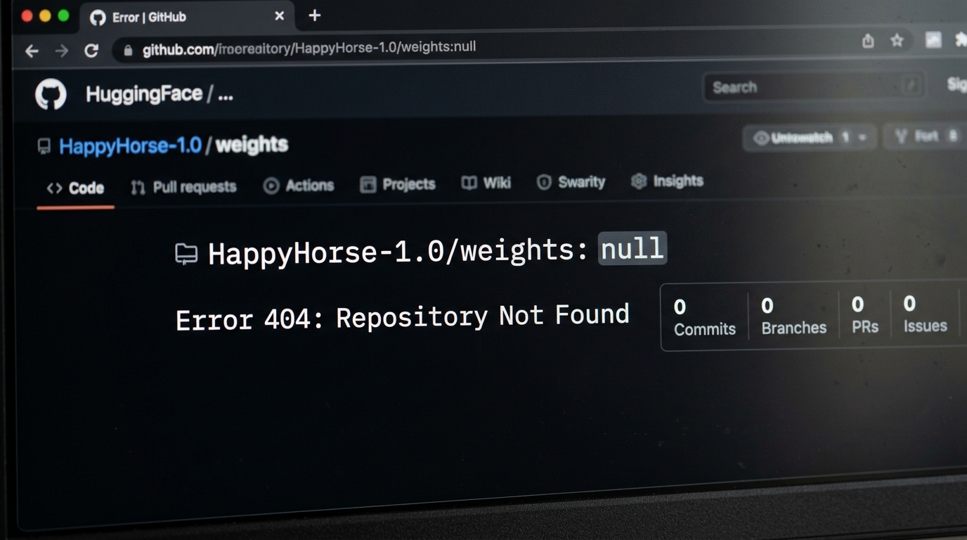 Code terminal showing zero repository data or weights, proving the lack of technical footprint for HappyHorse-1.0.