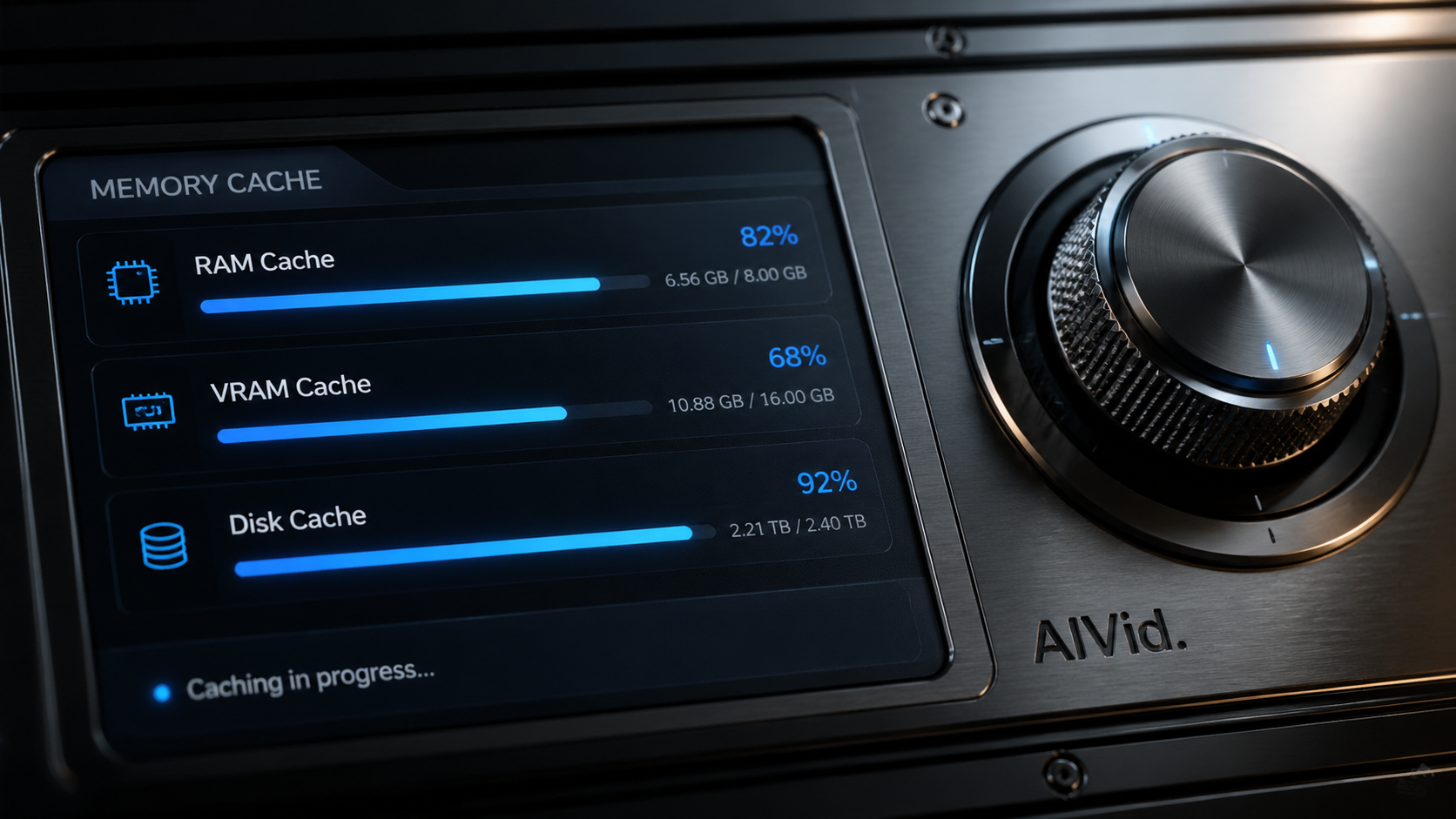 Detailed UI shot showing vram management ai tools loading memory caches efficiently. [UI/UX Technical Shot] Close-up macro view of a software interface showing sleek caching progress bars for memory management, alongside a high-end mechanical dial. Cinematic lighting, metallic surface textures. 'AIVid.' branded subtly on the metallic interface.