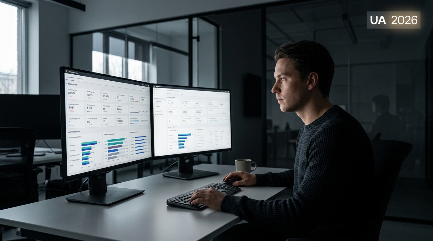 A professional performance marketer reviewing AI-generated user acquisition campaigns on dual monitors in a modern workspace.