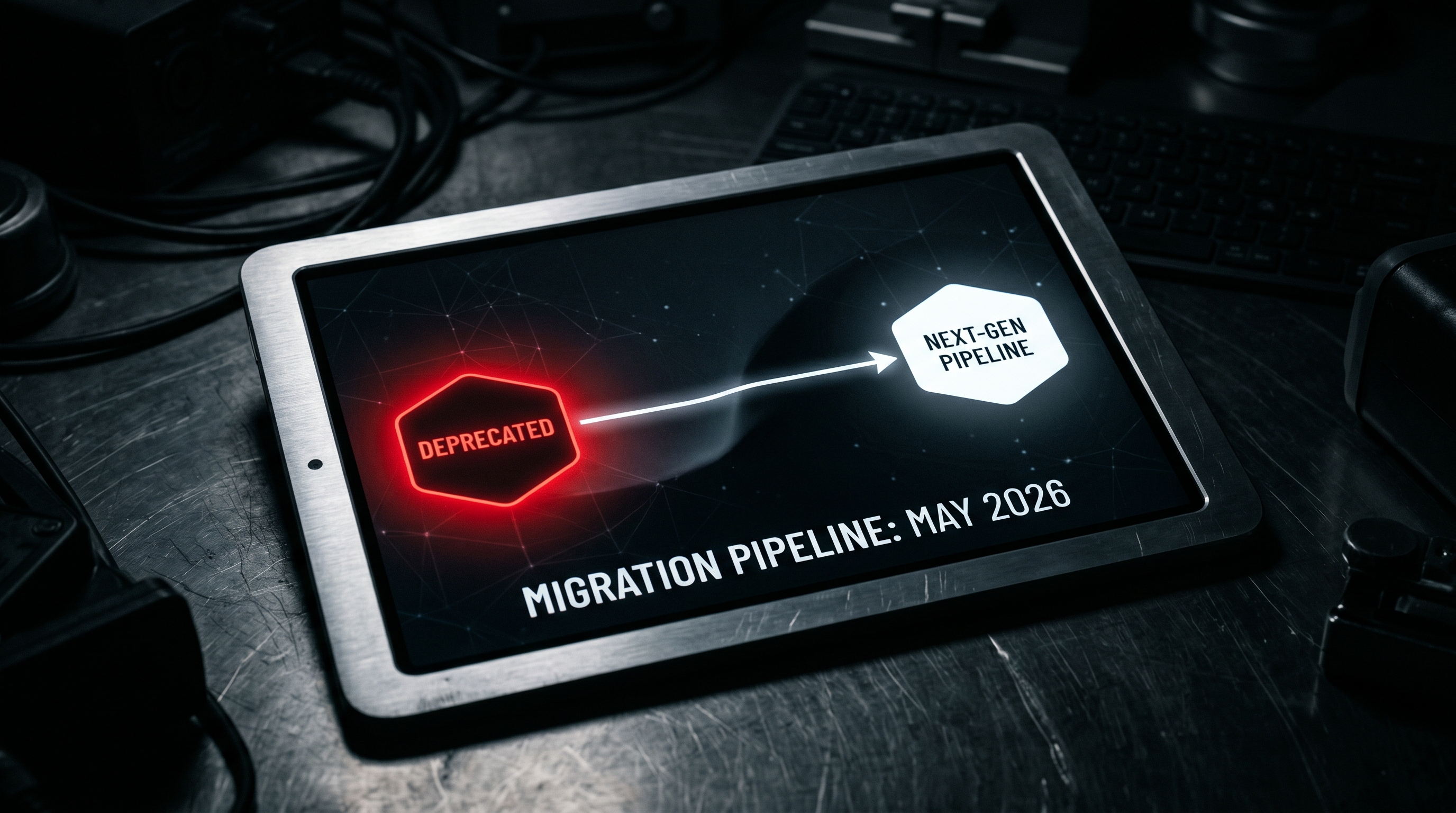 Minimalist workflow diagram on a tablet showing server migration and pipeline updates for May 2026.