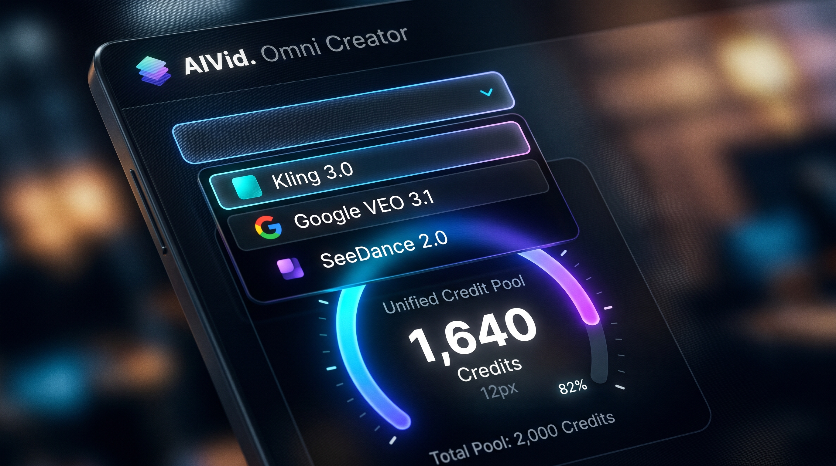 AIVid software interface showing the Unified Credit Pool and a selection of industry-leading AI models like Kling 3.0 and Google VEO 3.1.