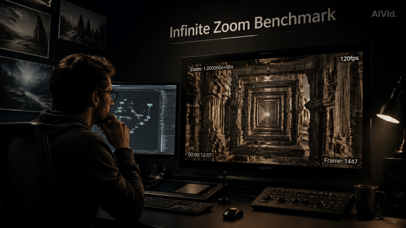 VFX professional reviewing a 120fps infinite zoom sequence on a studio monitor highlighting ai video physics engine capabilities. Prompt: [Editorial / Documentary] A 16:9 moody Chiaroscuro photography of a professional VFX artist in a darkened studio workspace, scrutinizing a 120fps infinite zoom sequence on a high-end reference monitor. Cinematic lighting. Typography Label: 'Infinite Zoom Benchmark' with subtle AIVid. watermark.