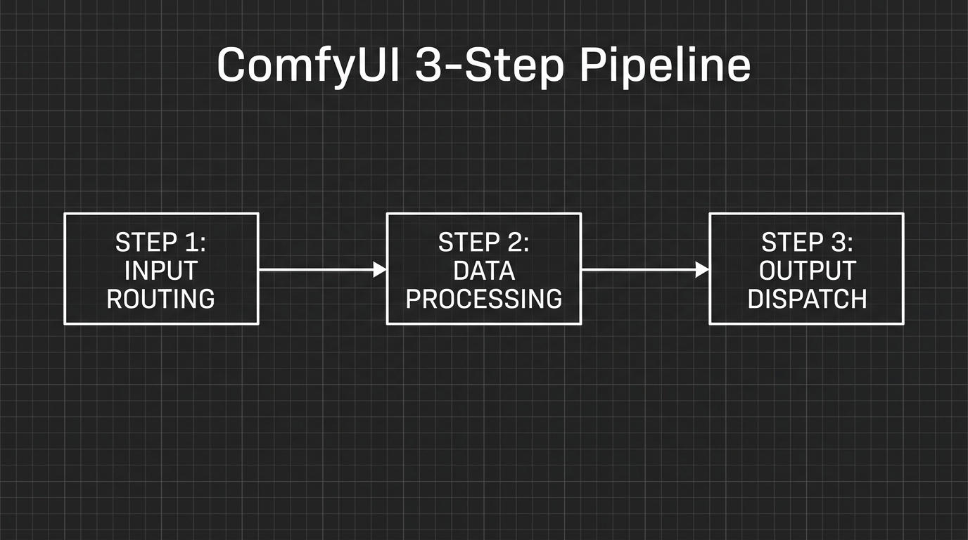 Minimalist node-based workflow diagram illustrating the 3-step ComfyUI pipeline for 4K video upscaling.