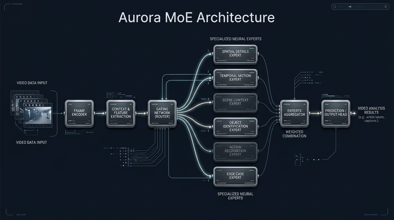 Technical workflow diagram illustrating the Aurora mixture-of-experts architecture powering xAI's new video generation physics.