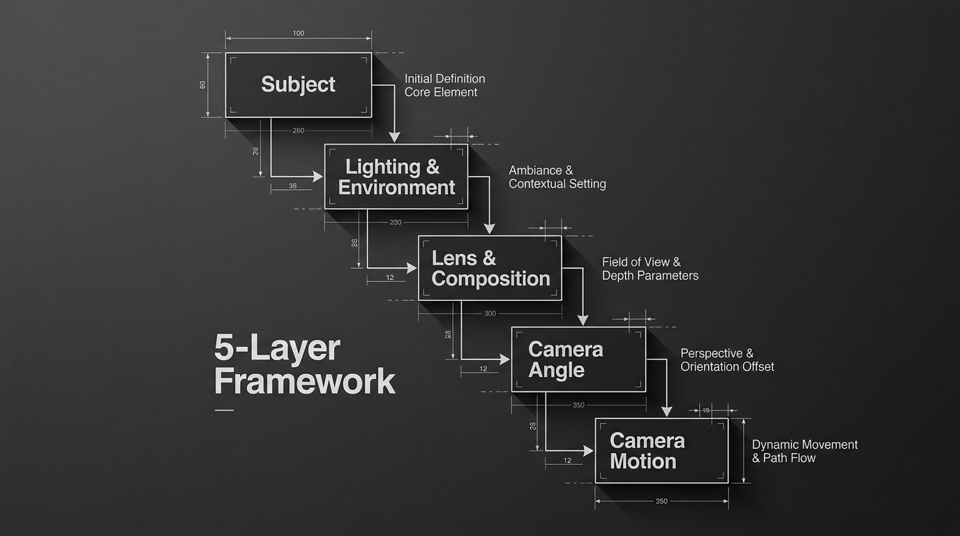 Workflow diagram illustrating the 5-layer prompting framework for AI video generation.