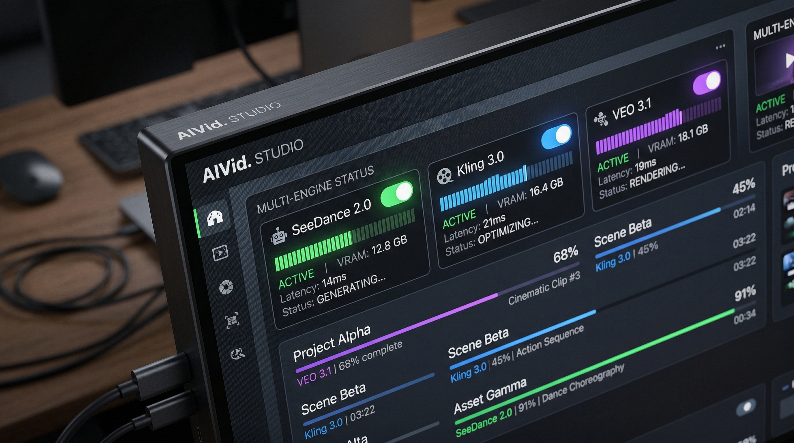 Macro shot of the AIVid platform interface showing unified access to multiple models. Rationale: Showcasing the sleek AIVid. UI as the ultimate 'All-in-One' solution directly supports the final conversion pitch without feeling like cheap stock imagery.