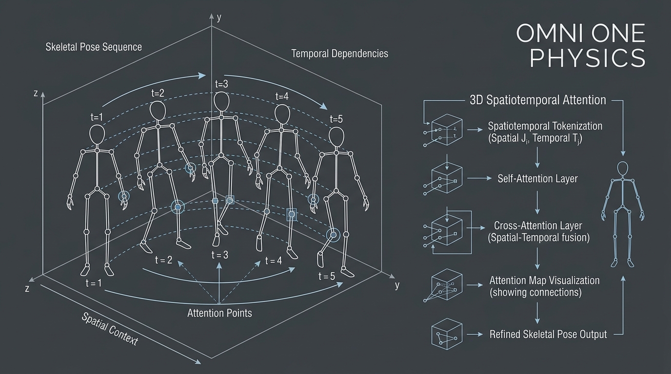 Technical workflow diagram illustrating the 3D Spatiotemporal Attention Mechanism and Omni One physics engine.