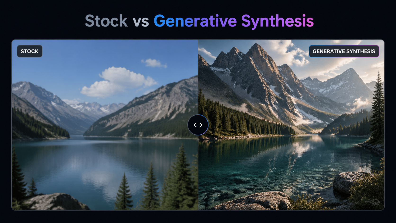 Split screen demonstrating legacy stock video platforms versus advanced generative ai tools for faceless youtube channels. [Before/After Split] 1:1 split screen comparison UI showing traditional generic stock footage on the left versus hyper-realistic 4K generative AI synthesis on the right. Sleek dark mode interface. Typography Label: "Stock vs Generative Synthesis"