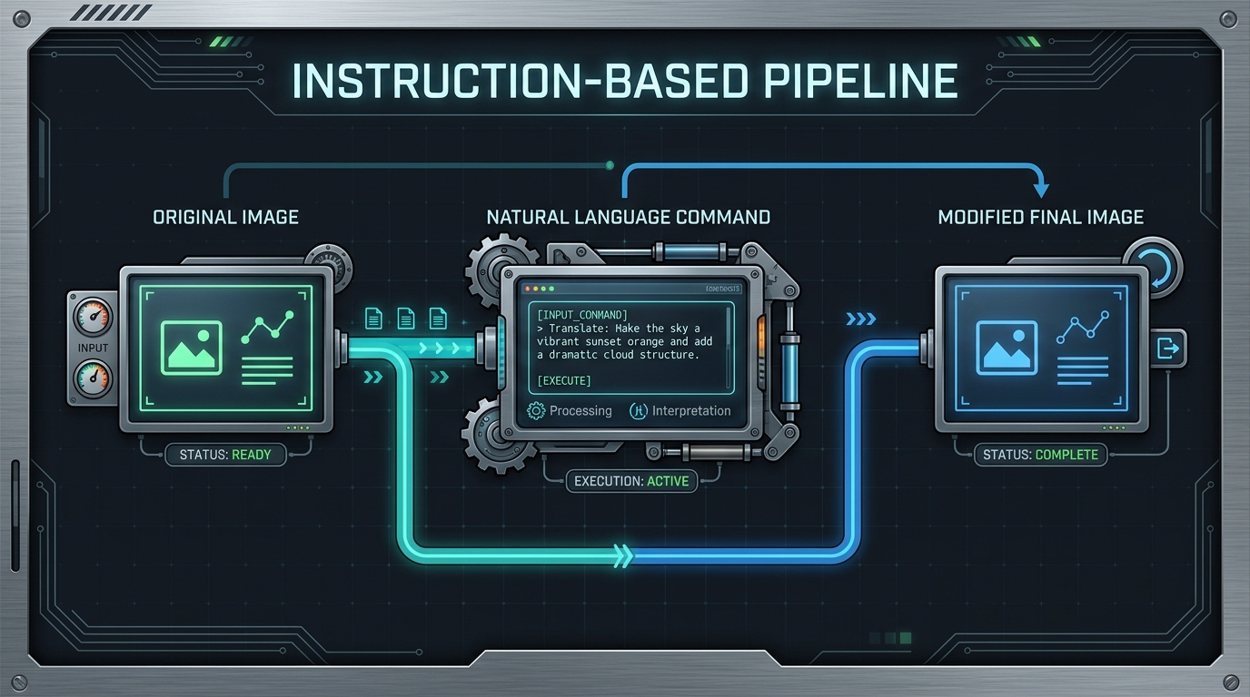 Workflow diagram illustrating the instruction-based AI image editing process using natural language.